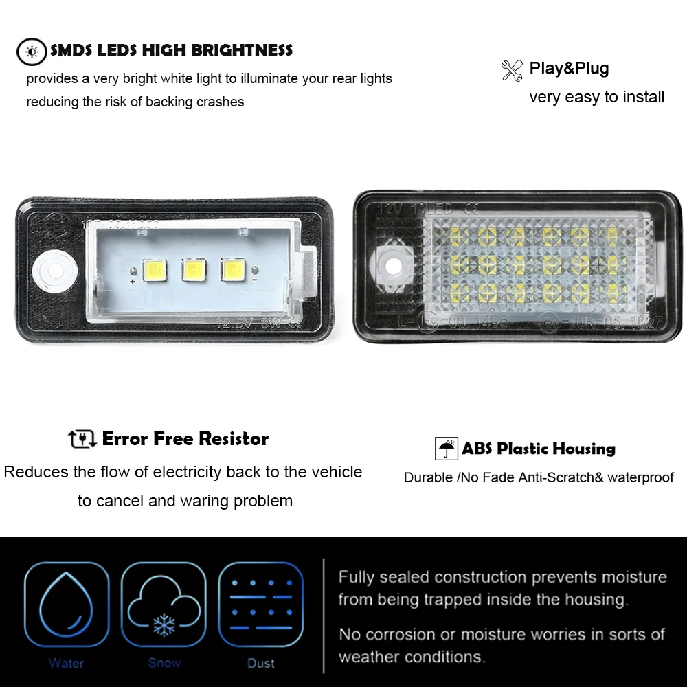 2Pcs Canbus White LED License Plate Lights For Audi A3 Cabriolet S3 A4 S4 RS4 B6 B7 Sedan A5 A6 A8 Q7 S8 S6 C6 Sedan OEM#