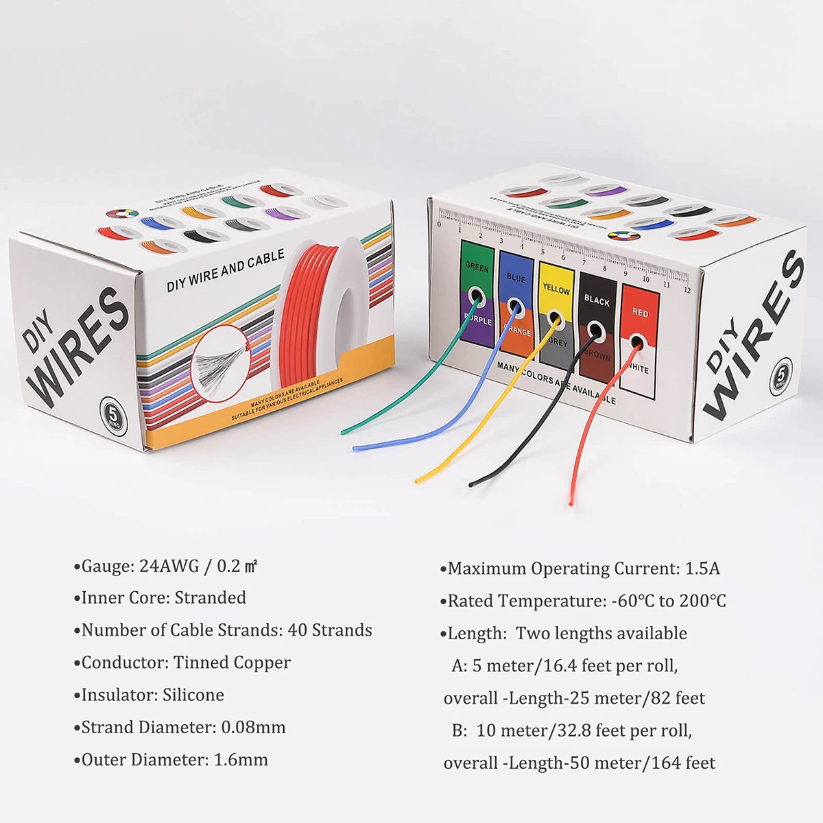 24 AWG Stranded Electrical Wire 24 Gauge Tinned Copper Wires Flexible Silicone Electric Hookup Wire Kit 5 Colors in One Box