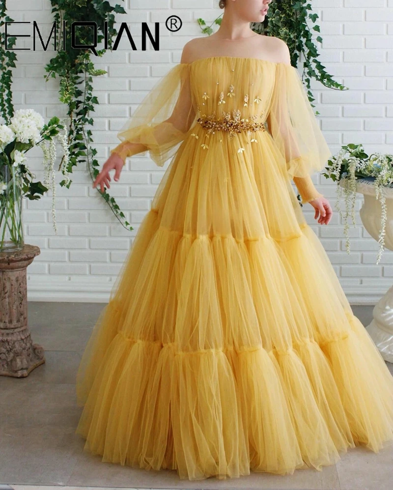 Off The Shoulder Puffy Sleeves Princess Tulle Prom Dress Strapless Evening Gowns Embroidered Crystal and Leaves Party Dresses