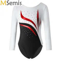 Kids Girls Artistic Skating Biketard Unitard Tight Fitting Jumpsuit Sparkly Rhinestones Rhythmic Gymnastics Ballet Leotards