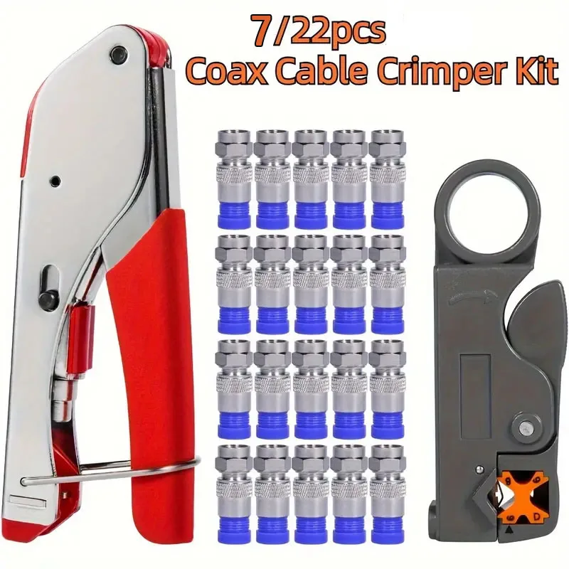 7/22pcs Coax Cable Crimper Coaxial Compression Tool Kit Wire Stripper With F RG6 RG59 Connectors Stripper Crimping Pliers