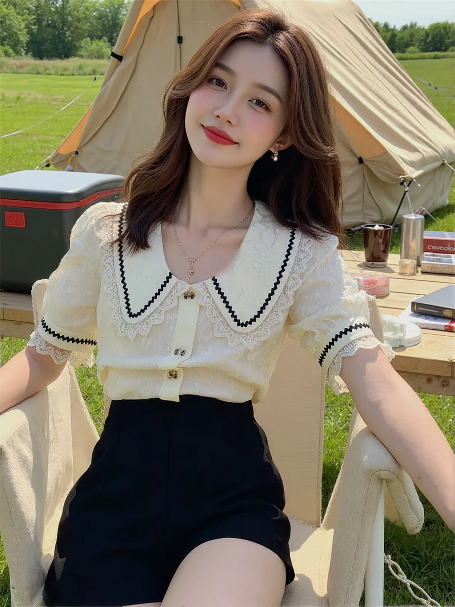 Nette Spitze Shirts Mädchen Blusen Kleidung Für Frauen Herbst Süße Kragen Gymnasium Schnell Trocknend Atmen Kurzen Stil All-Match täglich