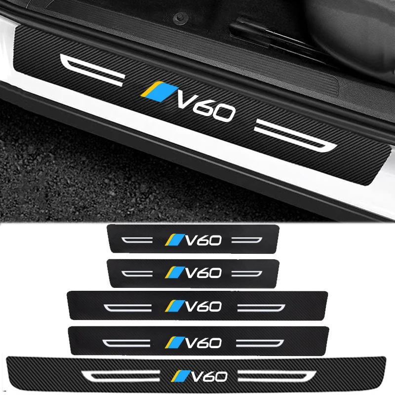 Carbon Fiber Car Door Sill Protector Stickers For Volvo V60 Badge Rear Trunk Threshold Bumper Strips Anti-Scratch Guard Cover