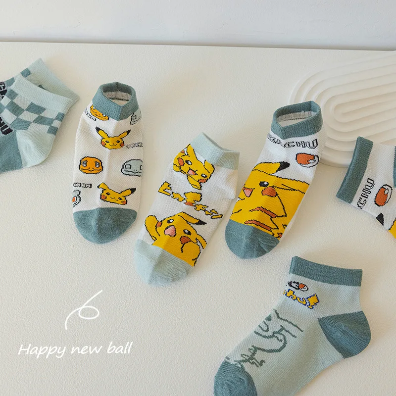 

5 Pairs Pikachu children's socks 2024 spring and summer mesh thin cartoon Pikachu fashion boys cotton socks