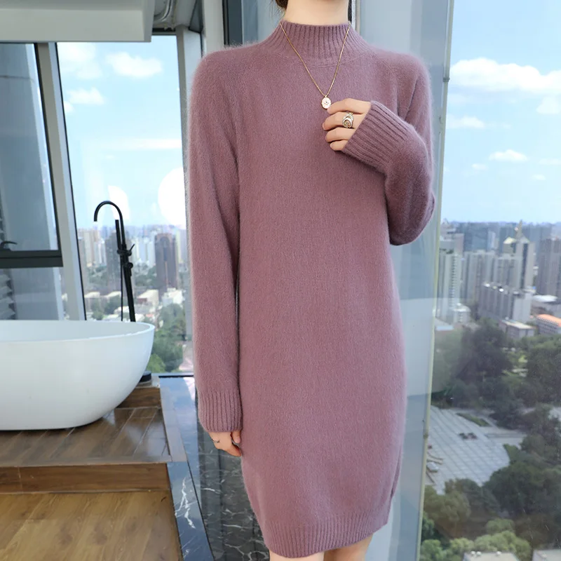 

S-XL 100% mink cashmere knitted women's semi high neck sweater dress, slim fit trendy women's long pullover dress, hot selling