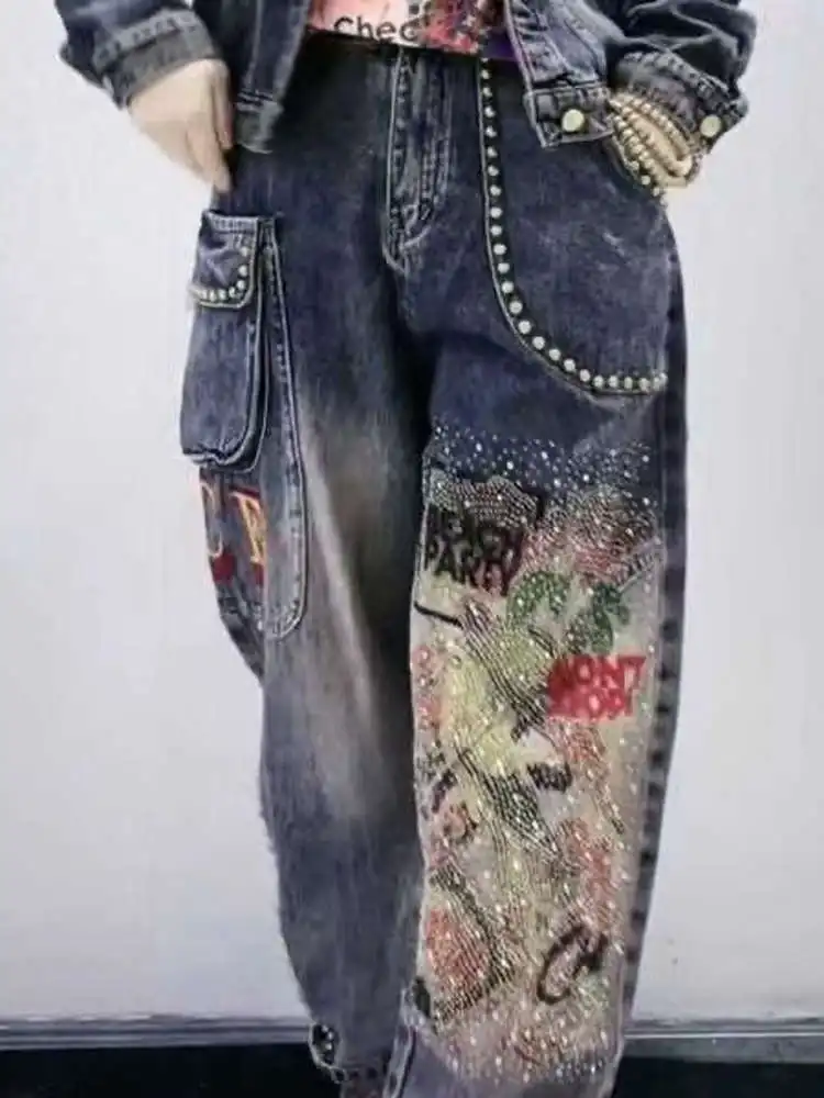Retro Willow Nail And Diamond Jeans Women's Spring Summer Fashion New Style Pocket Letter Cool Printed Pants XJ604
