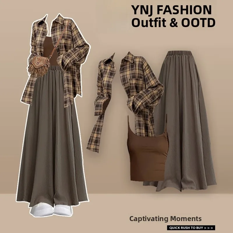 

Faionable клетчатый жилет с высокой талией, повседневная юбка, комплект футболок для женщин, осенний новый легкий женский комплект для взрослых...