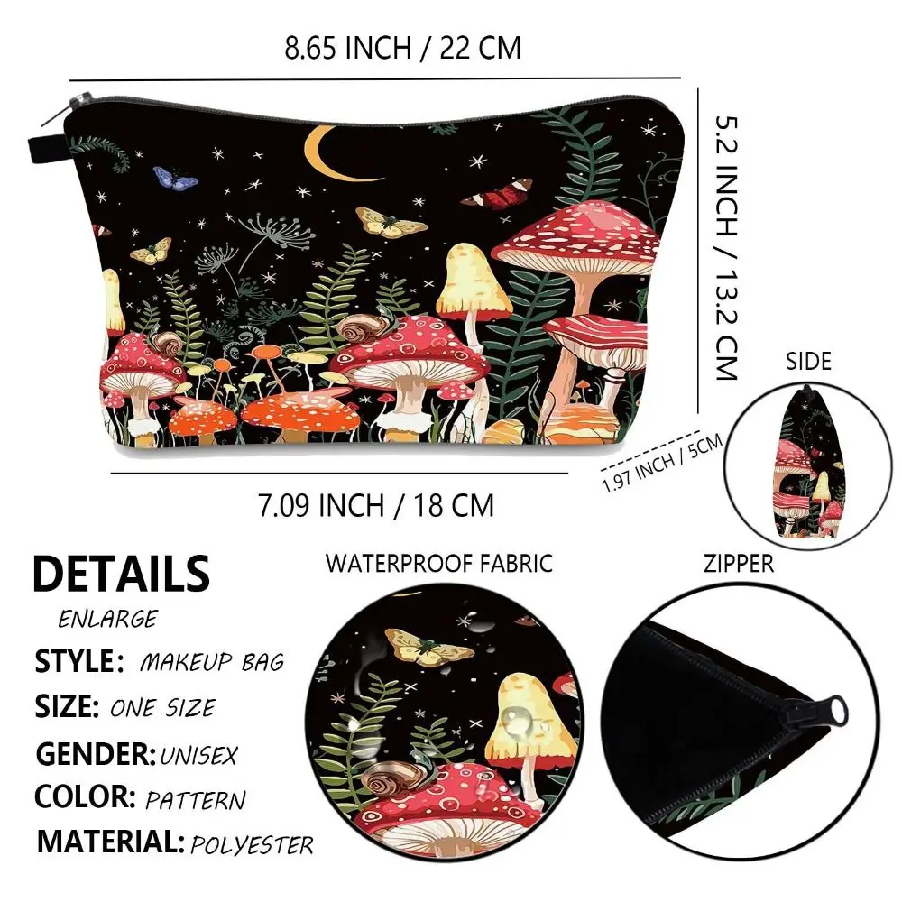 Portable Mushroom Print Cosmetic Bag Large Capacity Zipper Makeup Organizer Polyester Toiletry Bag view 6