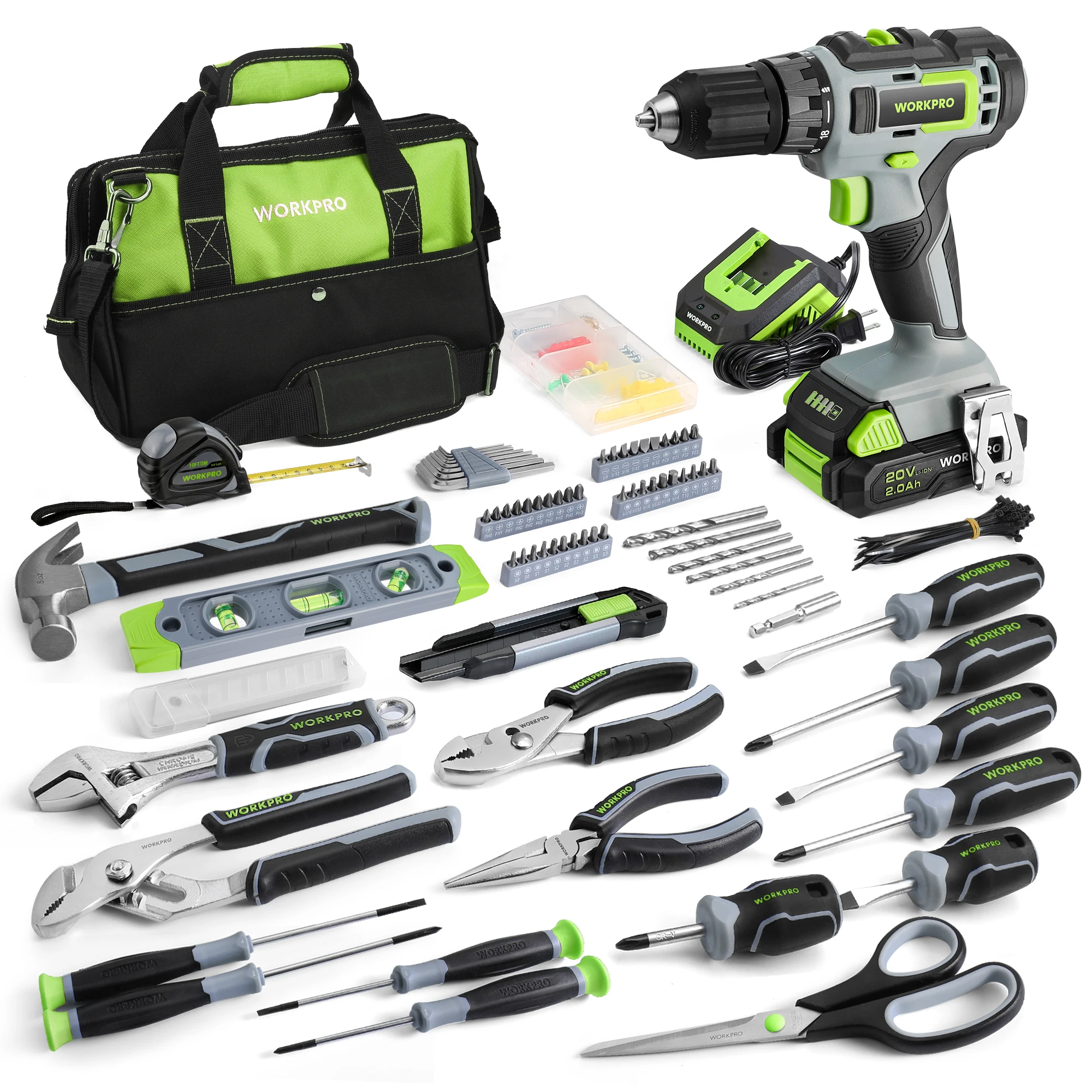 WORKPRO 157PCS Home Tool Set 20V Cordless Drill Electric Screwdriver DIY Household Repair Kit Green Tool Bag Gifts