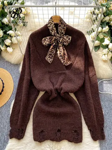 SINGREINY Koreaanse Stijl Gebreide Korte Jurk Herfst V-hals Lange Mouwen Zijden Sjaal Vrouwen Hollow Out Trui Kasjmier Bodycon Jurk