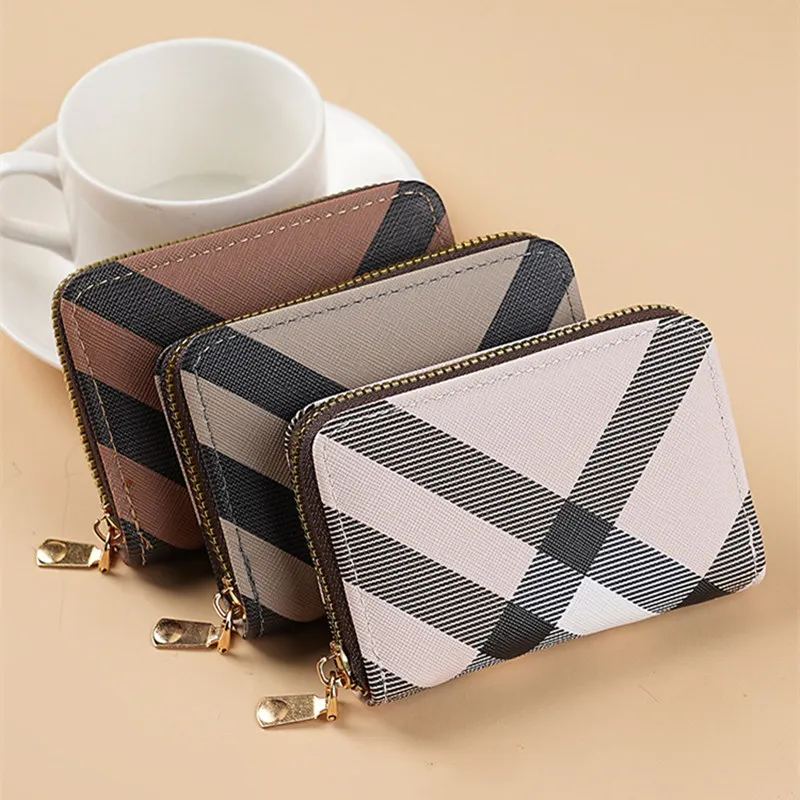Korean Style Plaid Pattern PU Card Holder for Women - Zipper Small Coin Purse, 9-Slot Accordion Female Card Case