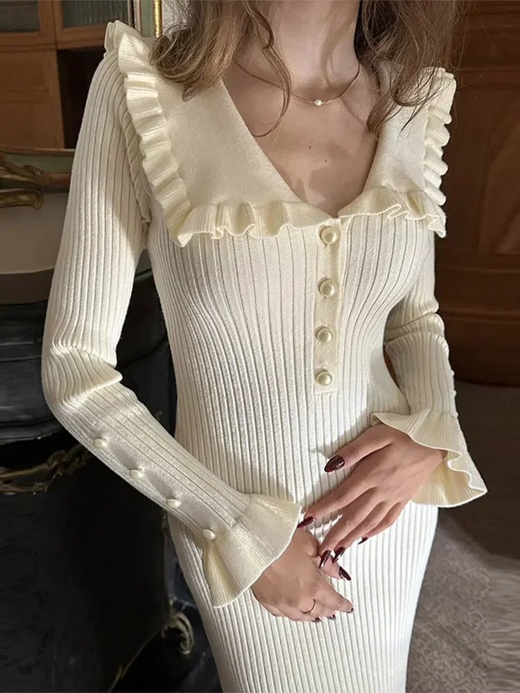 

Fashion Single Breasted Ribbed Knitted Slim Dress Women Elegant Ruffles Laple Long Sleeve Long Dresses Casual Lady Street Robes