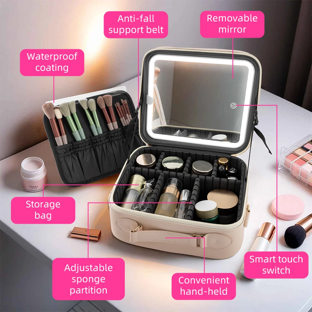 Missmeeca Travel Cosmetic Bag with LED Lighted Mirror, Cosmetic Makeup Organiser with 3 Colour Settings Cosmetic Brush Jewellery