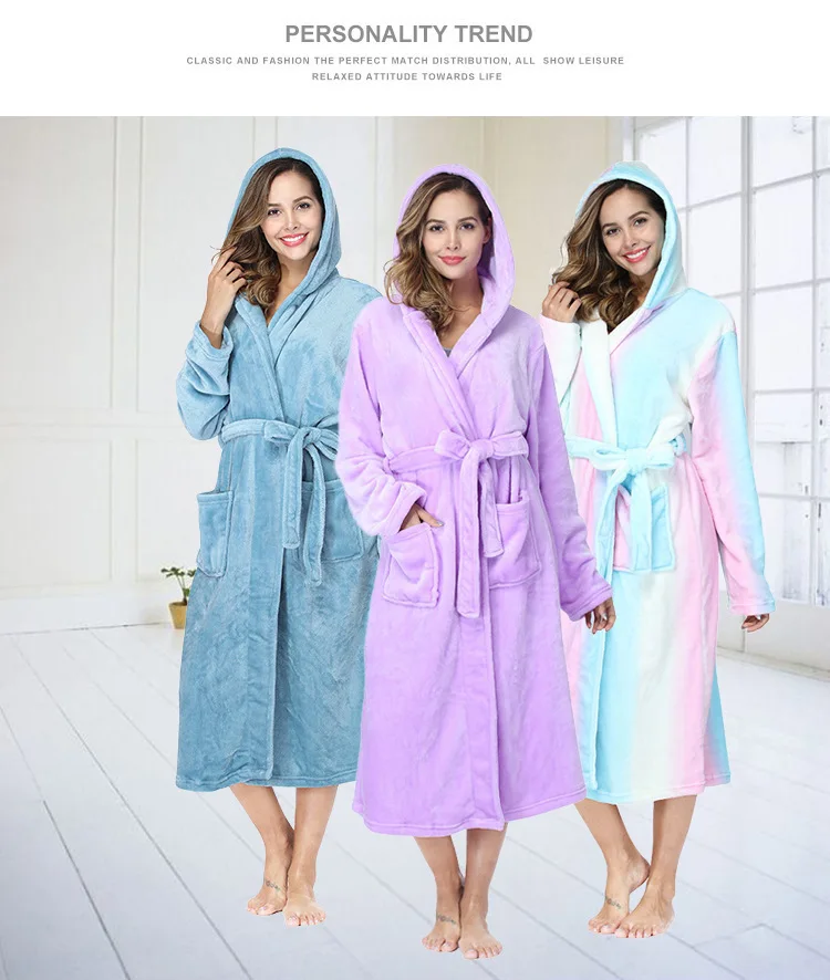 Flannel Bathrobe Gown Long Sleeve Nightgown Women Hooded Sleepwear Warm Couple Winter New Kimono Peignoir with Pocket Loungewear