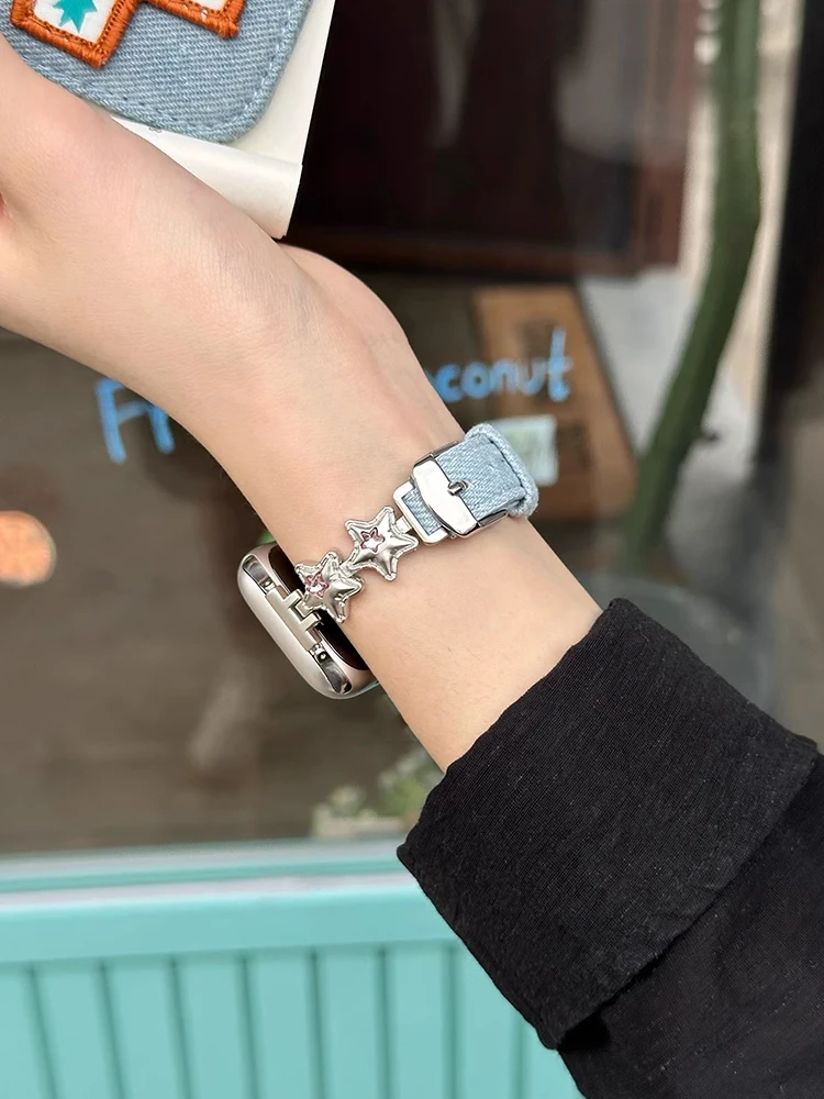 الفاخرة الماس ستار الفرقة ل أبل الترا 10 9 8 7 6 SE 5 الدنيم سوار حزام ل iWatch 38 مللي متر 40 مللي متر 41 مللي متر 42 مللي متر 45 مللي متر 46 مللي متر 49 متر