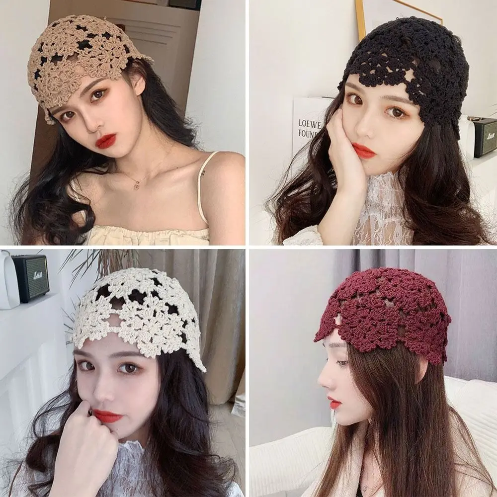Hollowed Out Knitted Hat Breathable Casual Flowers Skullies Hat Summer Fashion Sun Visor Women