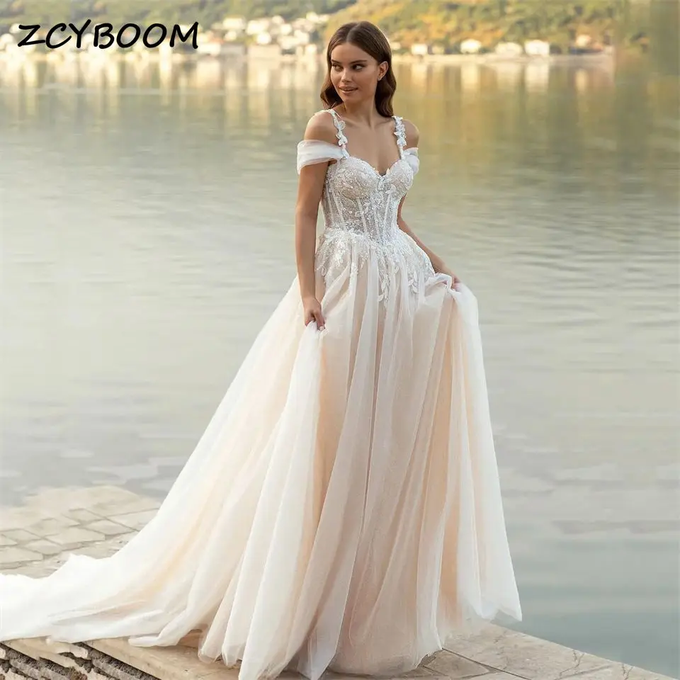 

Customized Charming Spaghetti Straps Appliques Boat neck Court Train Wedding Dress 2025 A-line Bridal Gowns Vestido De Noiva