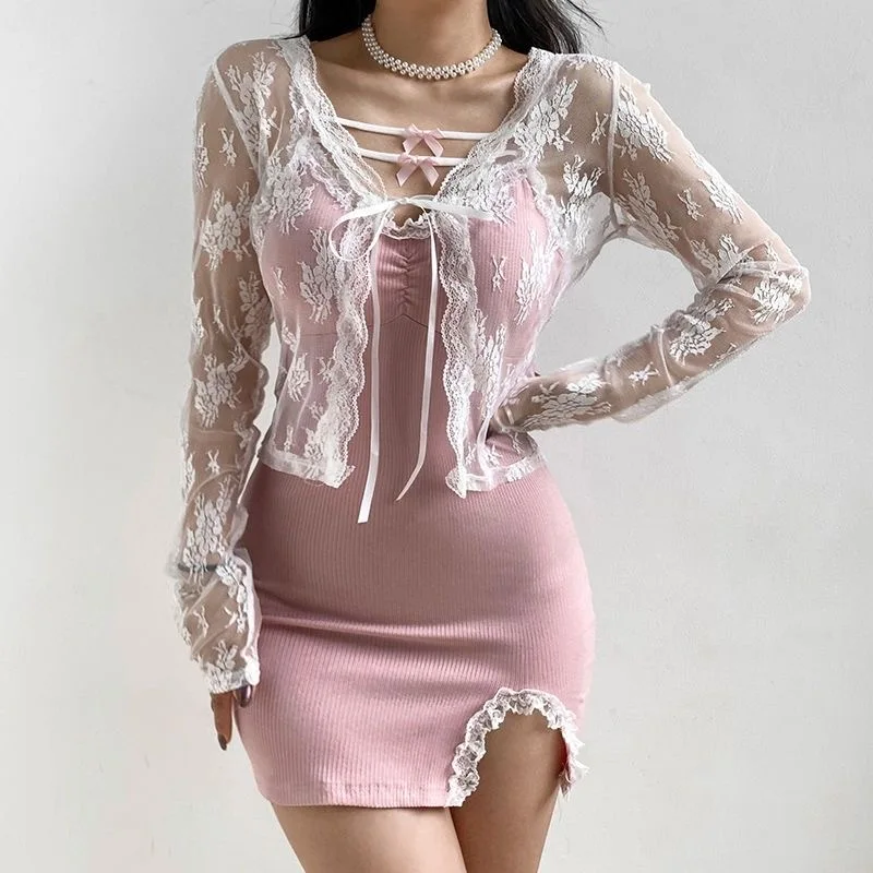 2024 Summer New Lace Cardigan for Women Korean Version Retro Lace Up Long Sleeved Top Sexy V-Neck Perspective Shirt