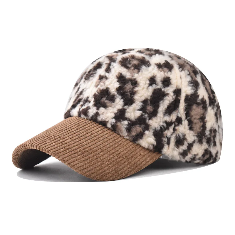 Cordmütze mit Leopardenmuster für Damen, verdickte Cord-Baseballmütze mit Farbblockmuster, warme Wintermütze aus Cord