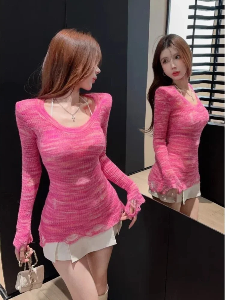 Sexy Pullovers Women Transparent Hotsweet Holes Basic Knitted Tops All-match Tender Elegant Bodycon Korean Style Ulzzang 2024