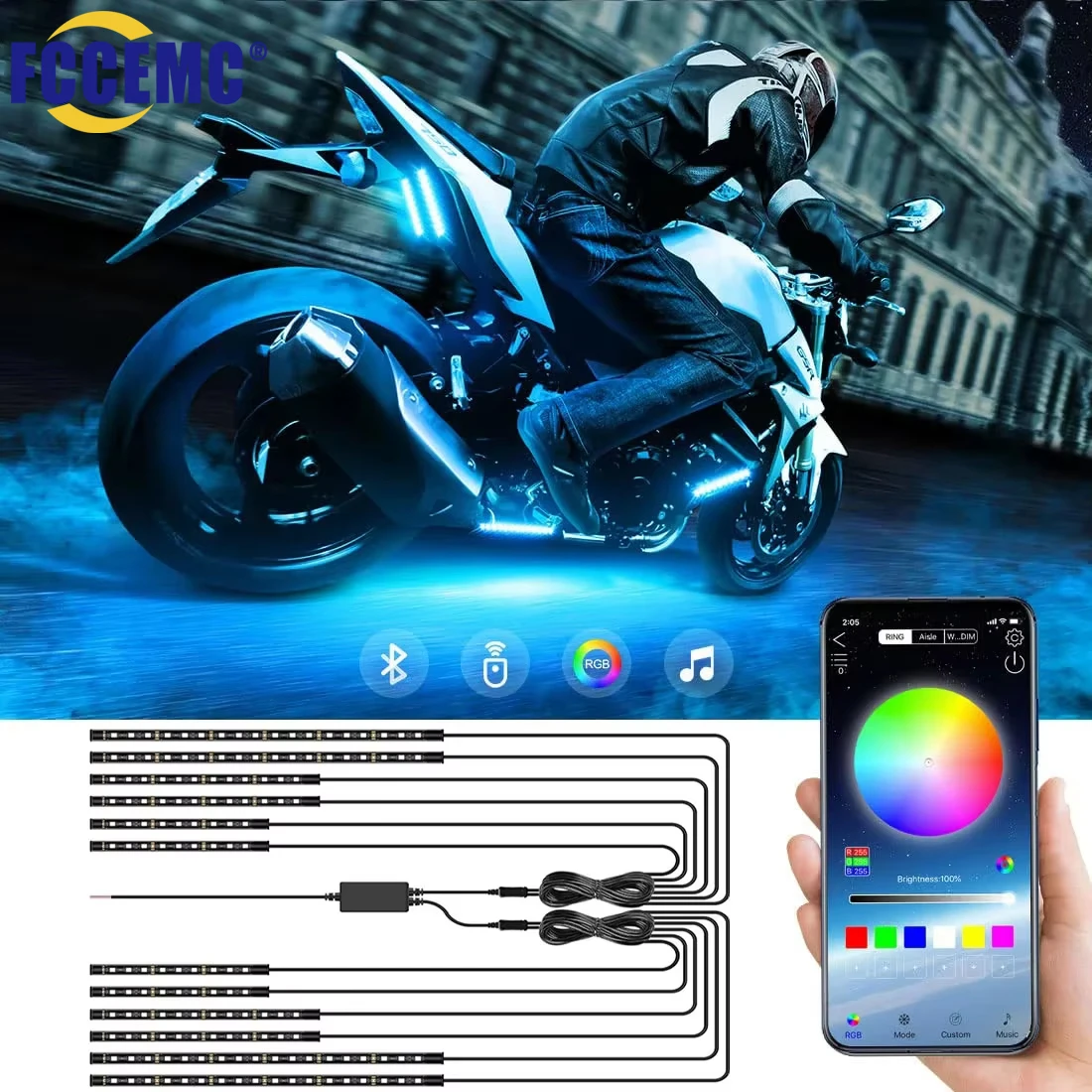 Motorcycle Atmosphere Light Kit Flexible Waterproof APP RGB Decorative Ambient Neon Lamp LED Moto Backlight Car Decoration 12V