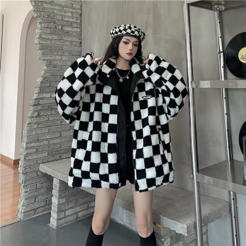 Streetwear Checkerboard Lamb Wool Coats on Both Sides Women New Winter Oversize Puffer Jackets Loose Stand Collor Parkas