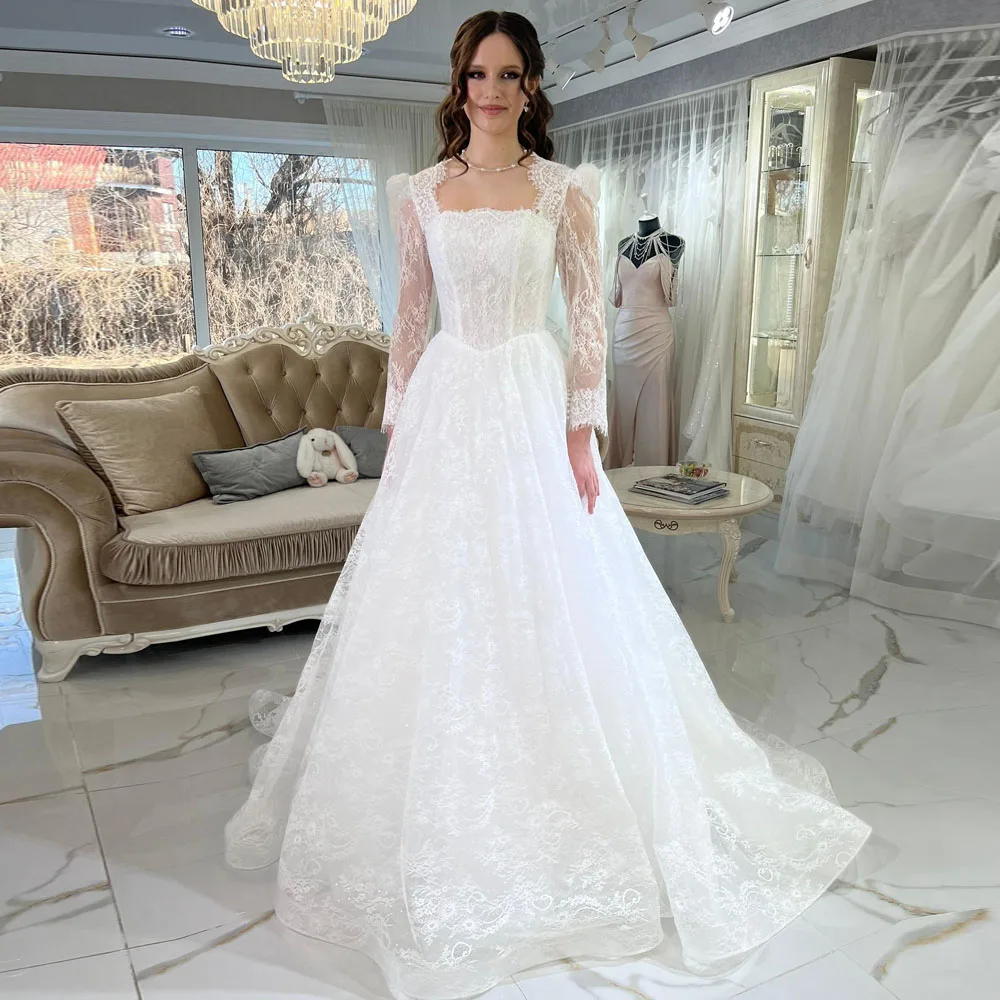 Maßgeschneidertes Ballkleid-Hochzeitskleid mit eckigem Ausschnitt, transparenten langen Ärmeln, Brautkleid mit Korsett, Prinzessinnen-Stil, Vestidos de Novia