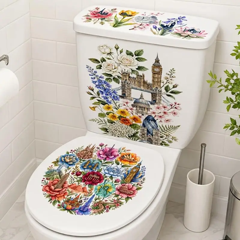 Floral Toilet Sticker Waterproof Long Lasting Removable Bathroom Wall Toilet Lid Decal for Daily Home Decor
