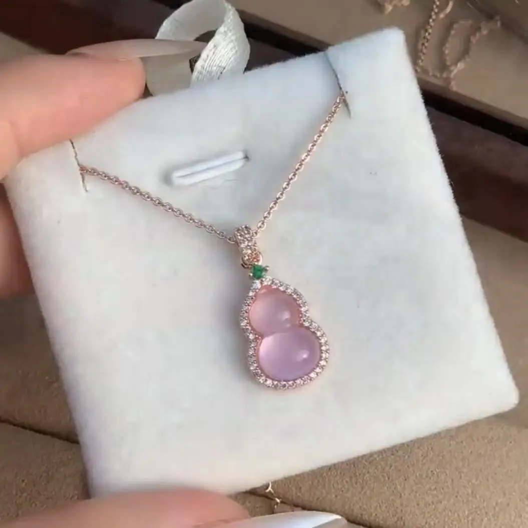 Translucent Pink Gourd Shaped Pendants Shimmering Tiny Rhinestones Halo Charm Necklaces Delicate Elegant Anniversary Neckwear
