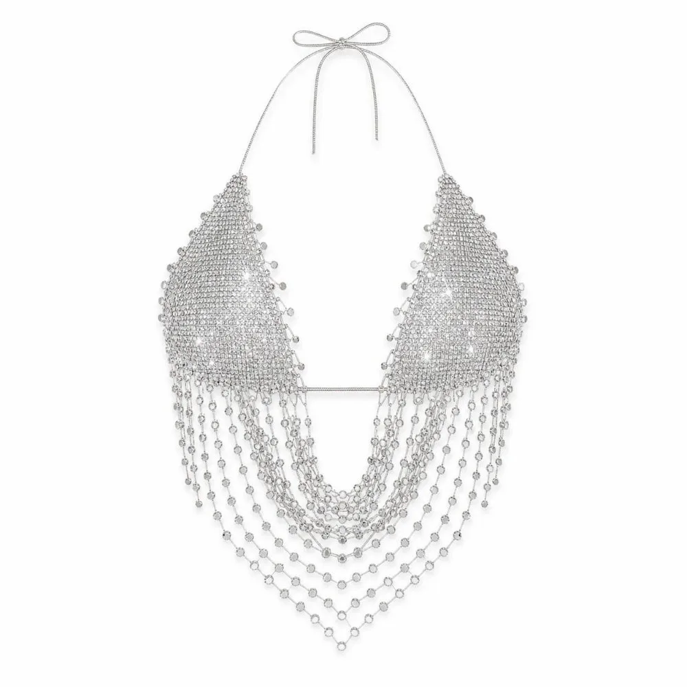 New Y2K Fishnet Tank Top Rhinestone Decor Fishnet Mesh Texture Body Chain Hollow Out See Through Camisole
