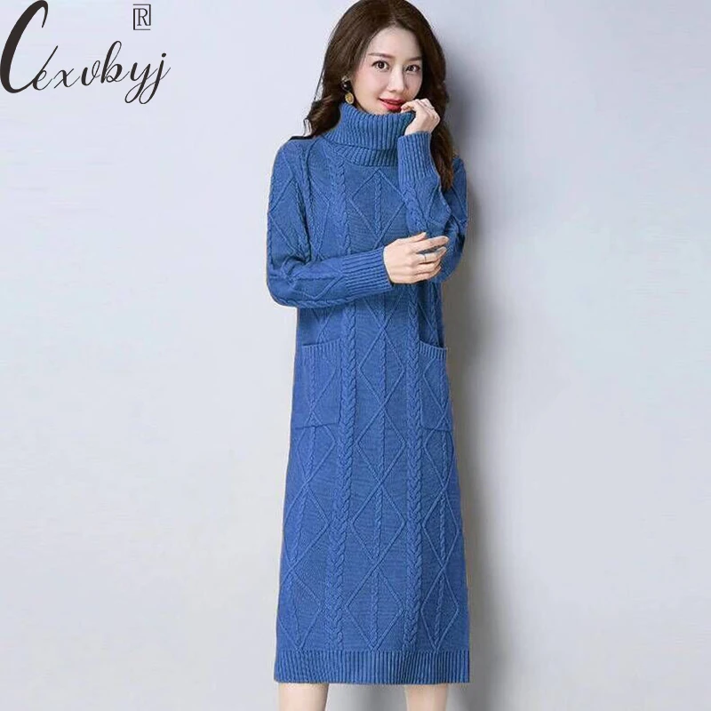 

Turtleneck Knitted Dress Women Solid Colors Pocket Long Sleeve Elegant Dress Autumn Winter Plus Size Sweater Bottoming Dress