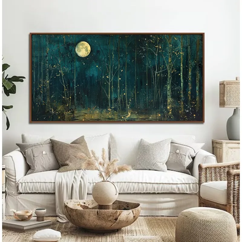 Retro Abstract Mystical Midnight Moon&Stars Dark Forest Nature Landscape Poster Canvas Painting Wall Art Pictures Home Decor