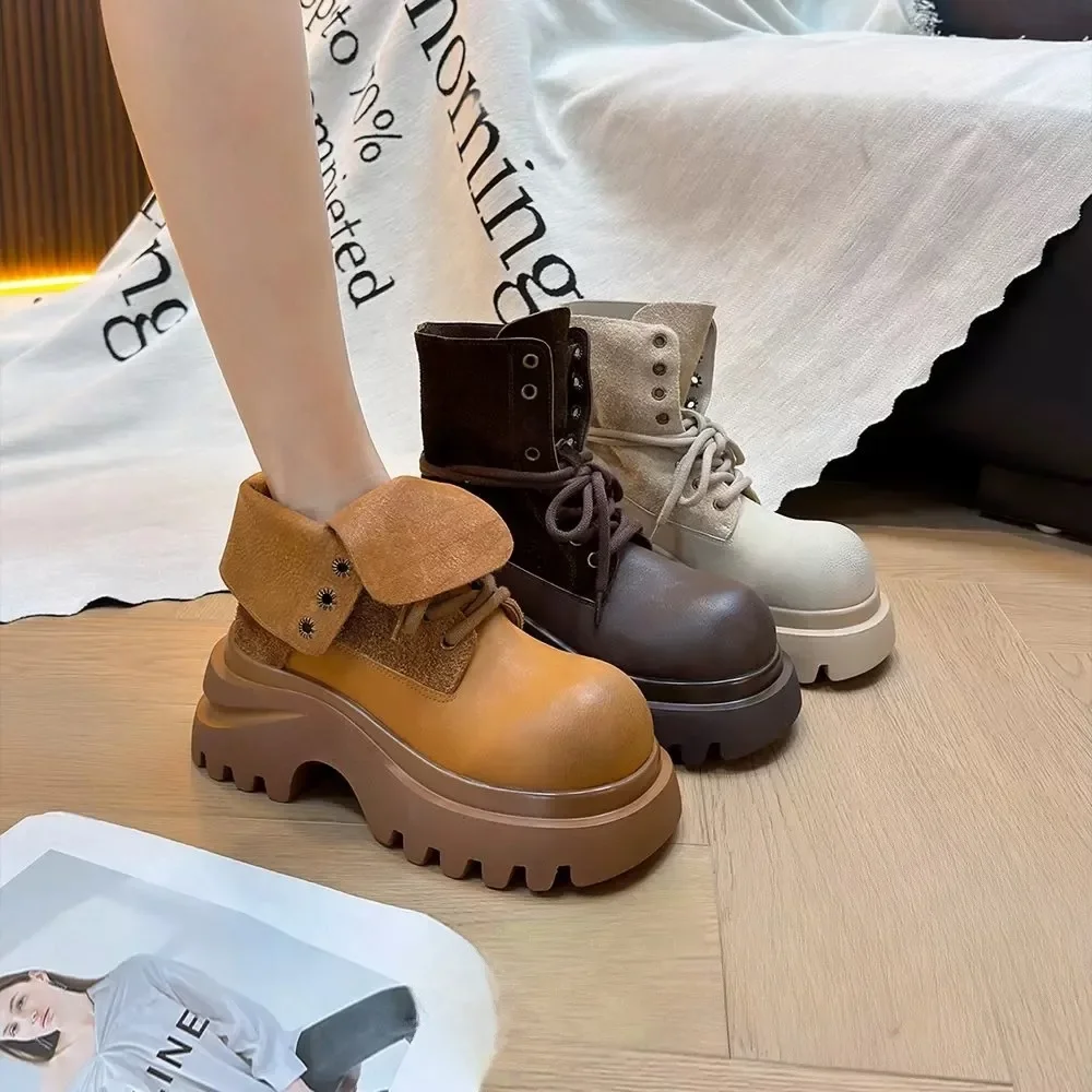 

Ботинки челси на толстой подошве в стиле ретро, женские большие желтые ботинки из мягкой кожи, осенне-зимние новые модные короткие ботинки с круглой головкой