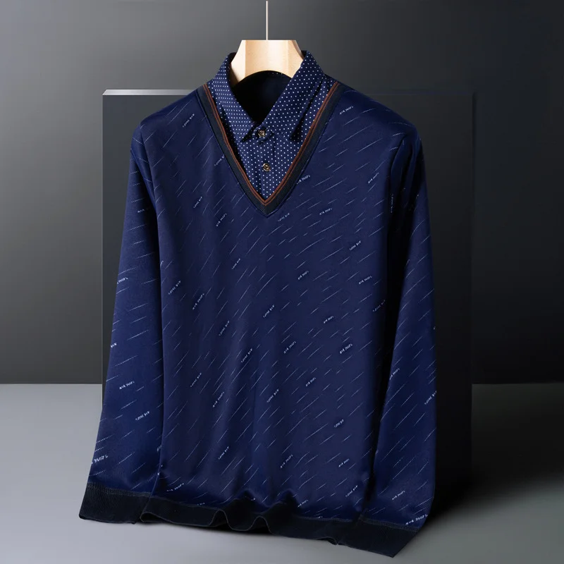 Autumn Winter New Style Men Fake Two Piece Sweater Long Sleeve Middle Aged Fleece Lined Thickened Base Layer Shirt