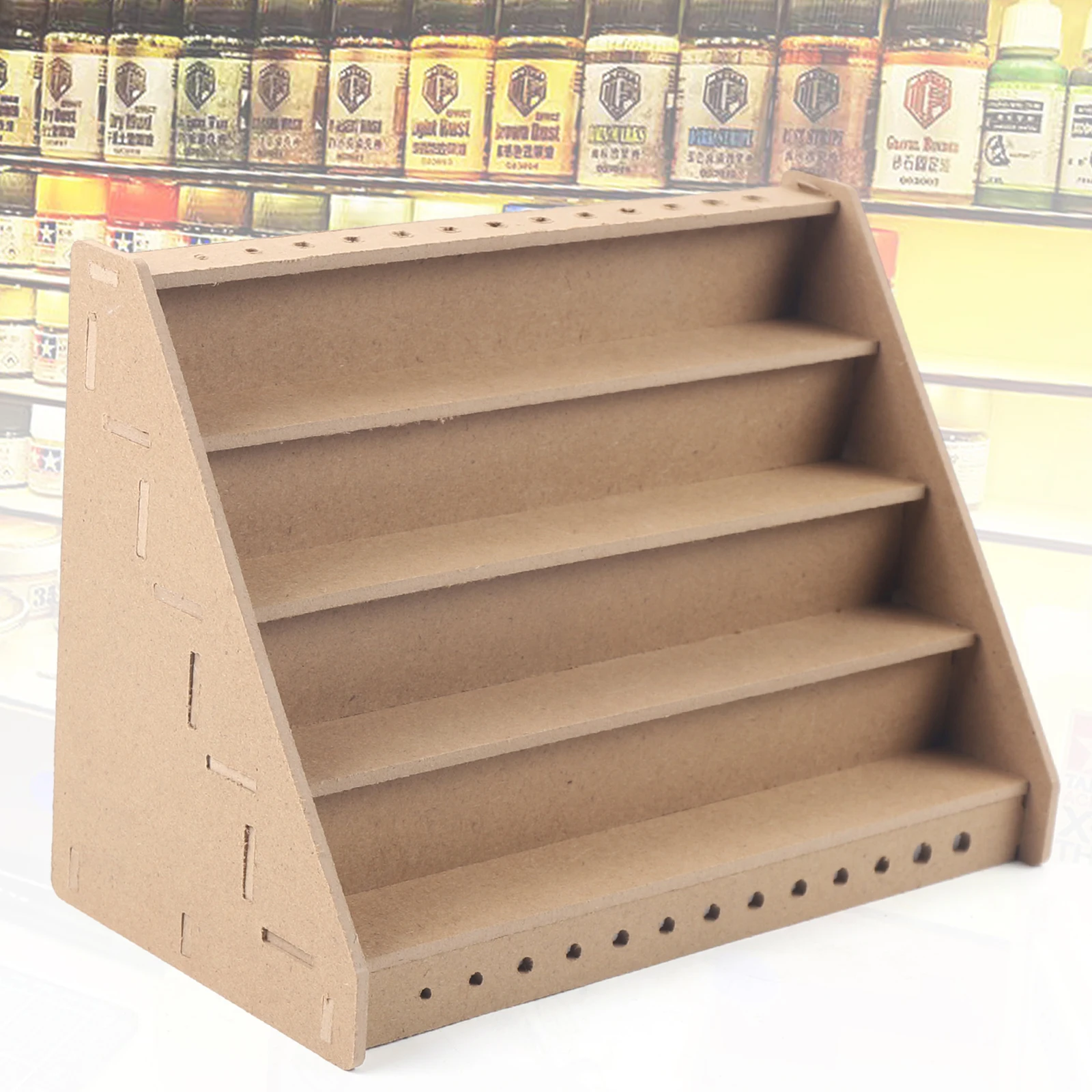 4-Layer 31 x 21.5 x 15.5cm Wooden Paint Rack, 13 Holes Paint Rack Tools Storage Sockets