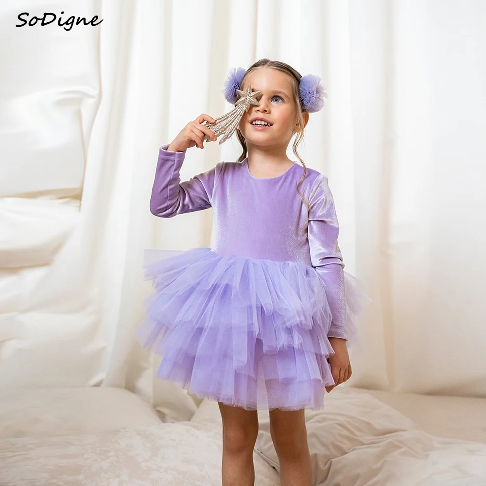 SoDigne A-line Velvet/Tulle Arab Mini Flower Girl Dress O Neck Full Sleeves Kid Gown Princess Girls Birthday Dresses Customized