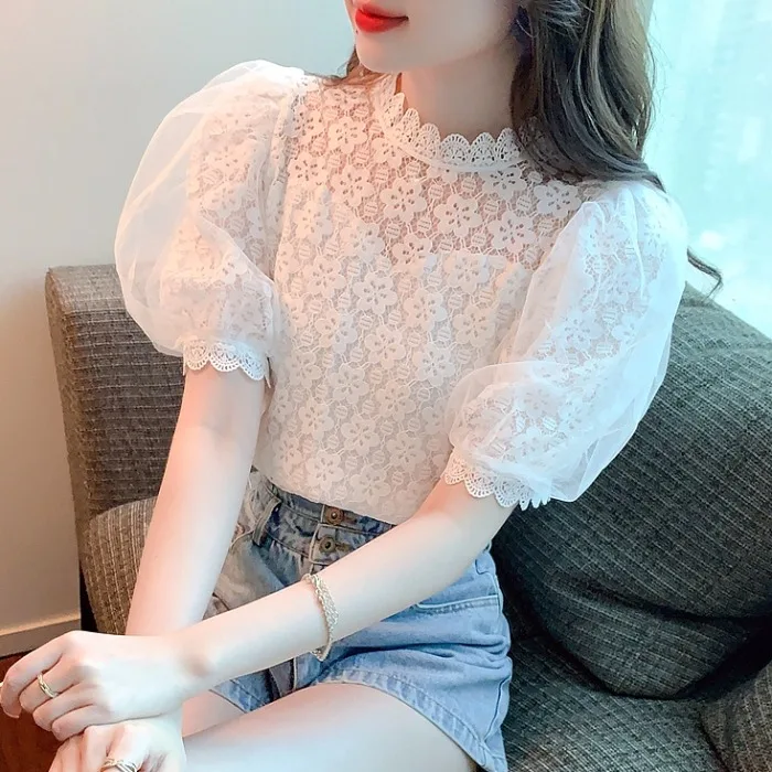 패셔너블 레이스 버블 슬리브 탑 여성 여름 신상 슬림 엘레 스윗 젊은 감각적인 개성있는 작은 사이즈 트렌디 한국 버전