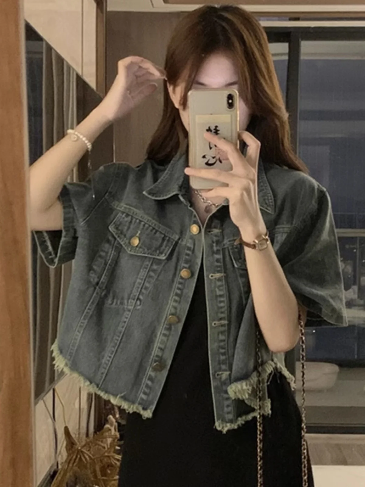 

Chic Short Sleeve plus Size Denim Jacket Women's Pear Shape Fat MM Slimming Versatile Fringed Outerwear Top Summer Cotton Blend