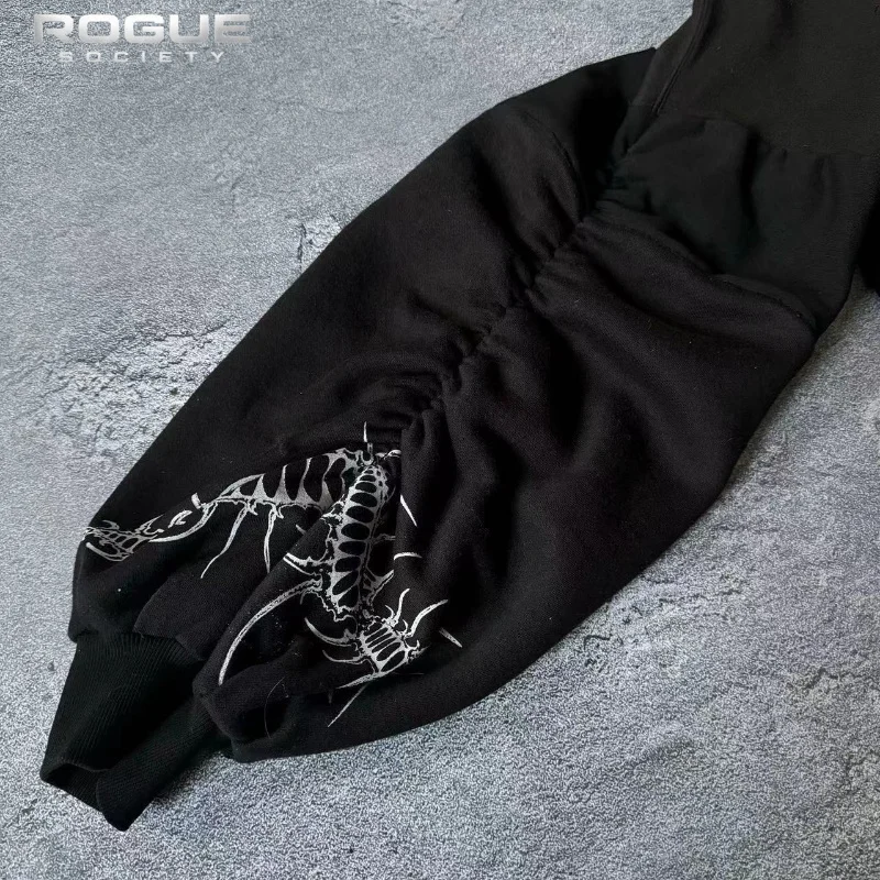 New Y2K Style American Vintage Hip Hop Men Hoodie Skull Thorn Graphic Print Cropped Loose Pullover Streetwear Urban Sweatshirts