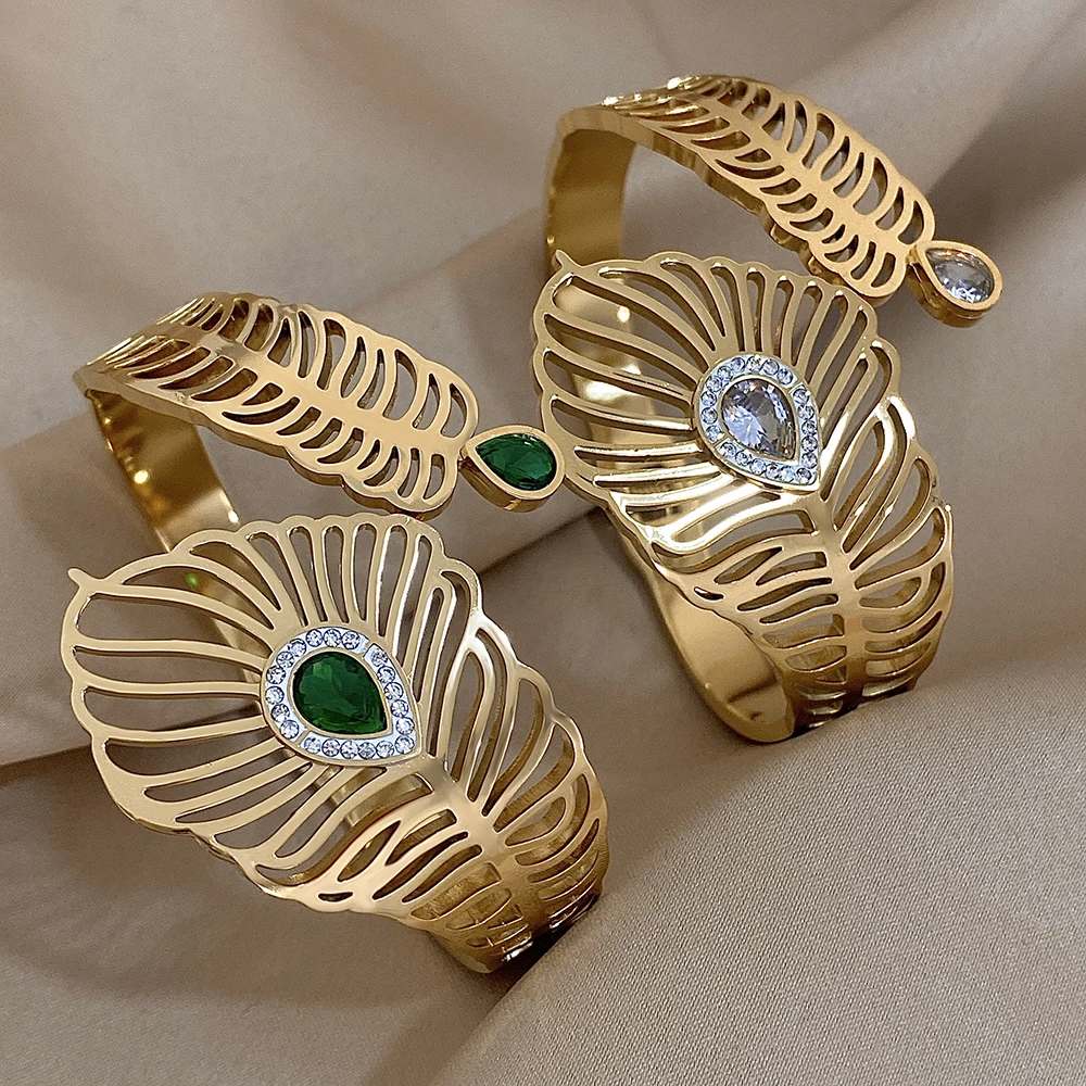 

DODOHAO Luxury Peacock Feathers Zircon Chunky Stainless Steel Cuff Bangle Bracelets For Women Gold Color Statement Jewelry