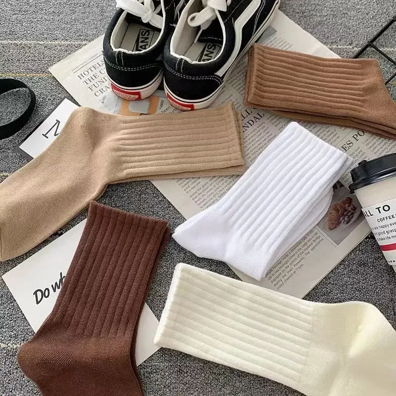 Women Classic Solid Color Striped Cotton Loose Socks Korean Fashion Japanese Style Simple Basic Socks Lady All Match Brown Sock