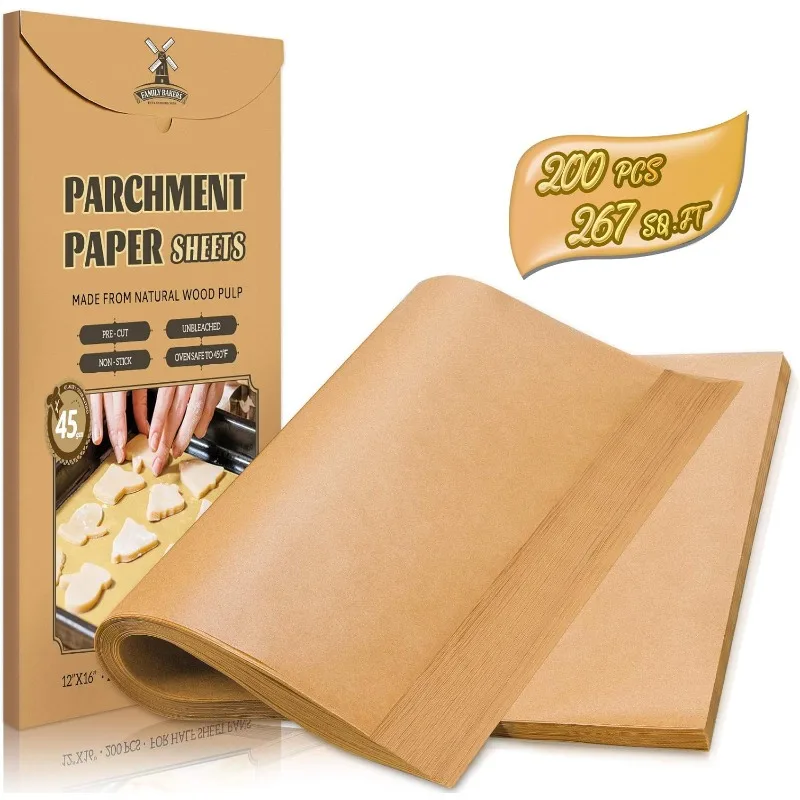 

200 Pcs Parchment Paper Sheets, 12 x 16 Inch, Precut Non-Stick Parchment Sheets for Baking, Cooking, Grilling, Air Fryer and Ste