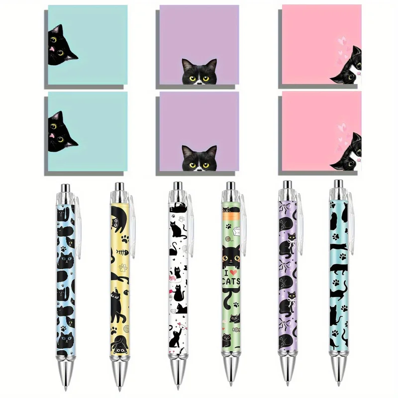 

12pcs cute black cat ballpoint pen and sticky note sticker set, including 6 pens and 6 sticky note pads