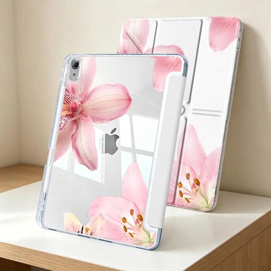 Pink Lily Flower With Pen Slot Cover Tablet Case For iPad Mini 7 6 5 10th Gen 9th 12th 11th Air 8 M2 M3 3 Pro 13 2025 2026
