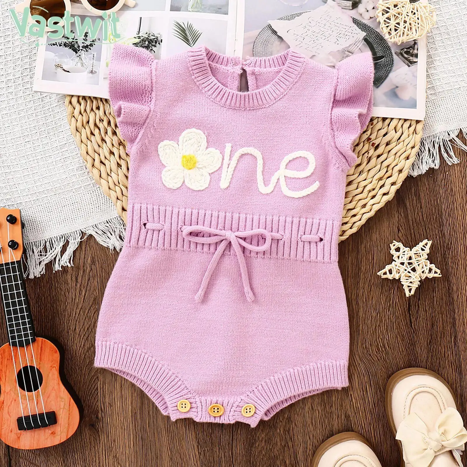 

6-18M Baby Girls 1st Birthday Party Romper Fly Sleeve Flower Letter Embroidery Knitted Drawstring Romper Photography Clothes
