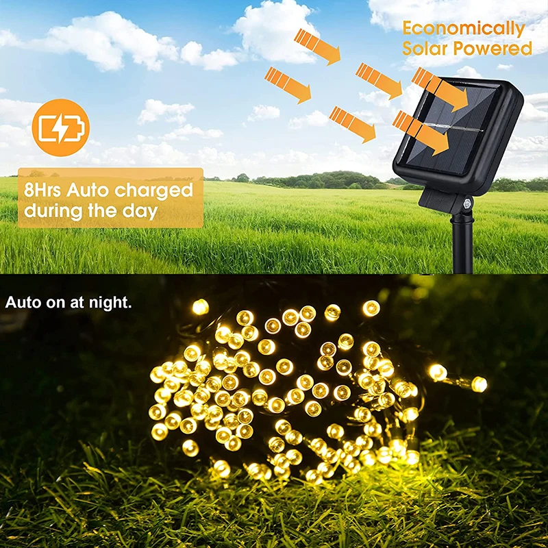 Outdoors Solar String Light 20/50/100LED 8 Modes Solar Lamp Waterproof for Gardens Wedding Party Valentines Christmas Tree Homes