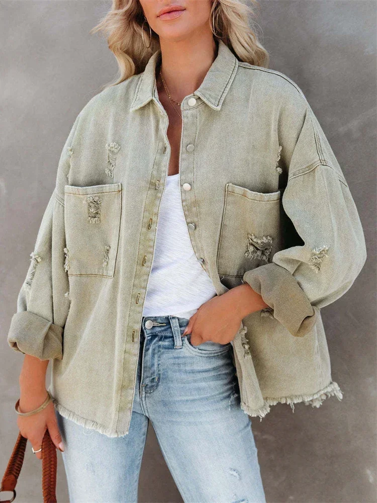 2023 Spring Autumn Denim Jacket Ladies Casual Coat Women Jean Outerwear Rough-edges Holes Long-sleeve Shirt Style Loose Tops