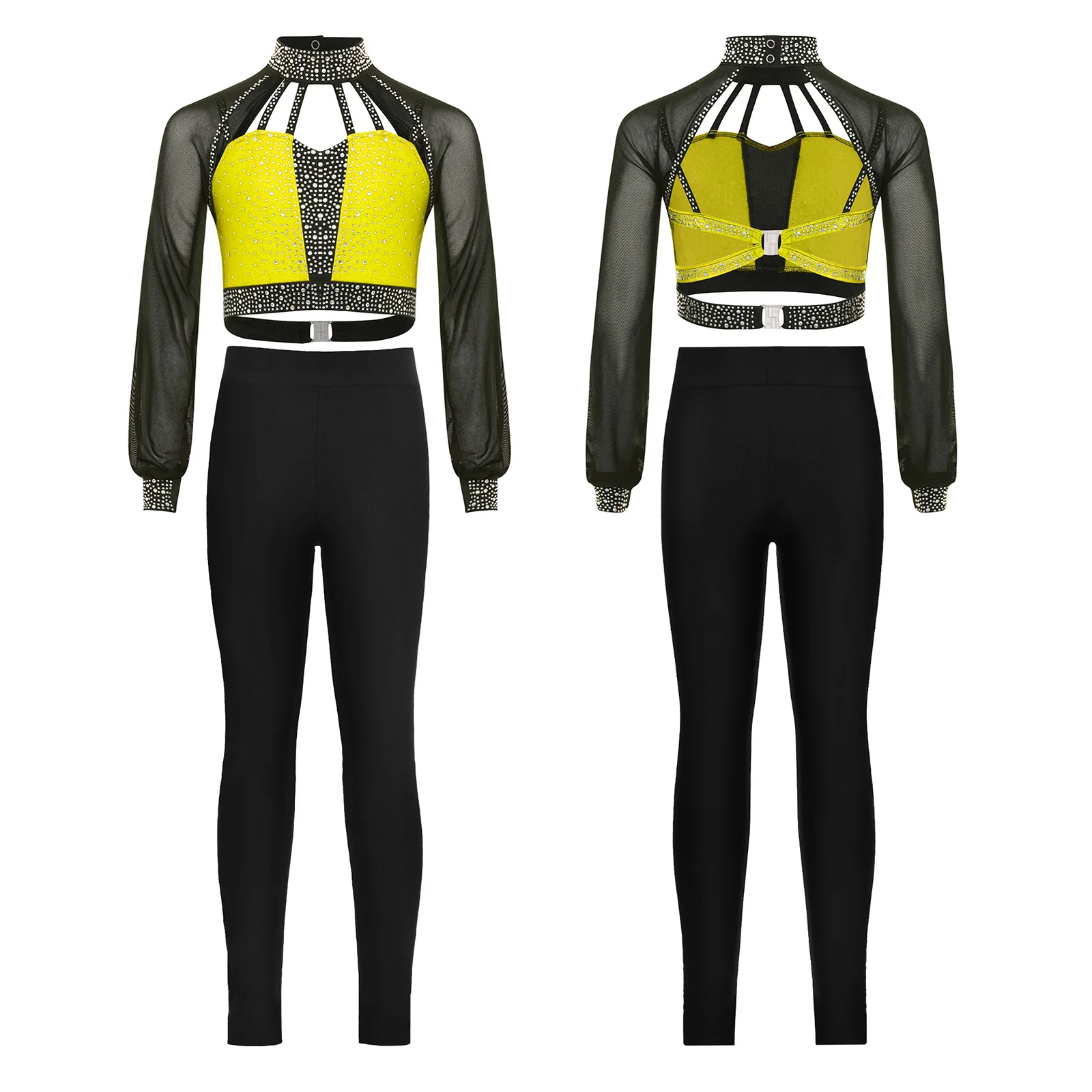 

Kids Girls Gymnastic Elegant Jazz Ballet Dance Competition Outfit Long Sleeves Cutout Strappy Crop Top+Leggings Ballerina Outfit