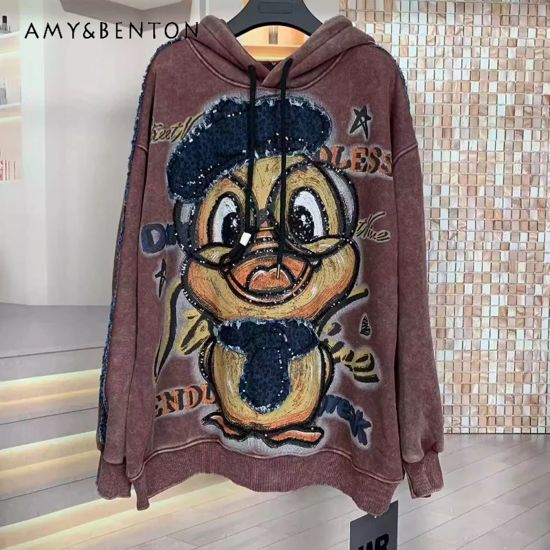 Heavy Industry Glasses Cartoon Loose Hoodies Autumn Winter Fashion Oversized  Fleece Thick Hooded Sweatshirts For Women's Jacket