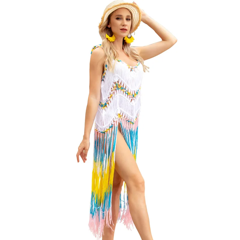 2023 New Crochet Knitted Hollow Out Beach Dress Tie Dye Long Fringe swimwear Bathing suit Cover-ups Cover up Female Beach Wear